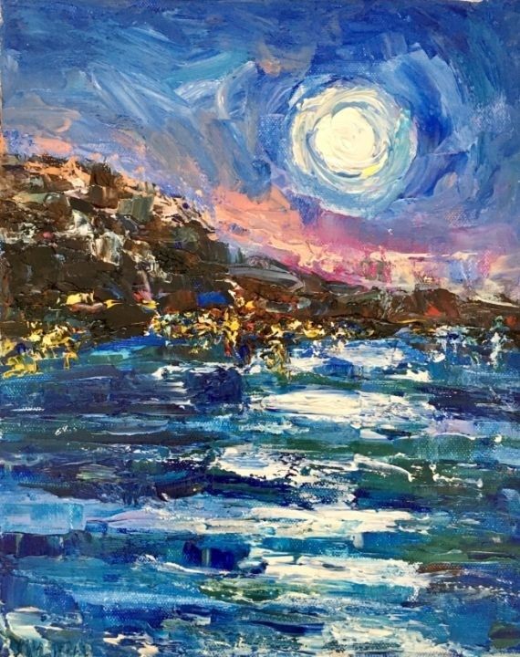 Strukturiertes Spachtelgemälde mit Meer, Felsen und leuchtendem Mond